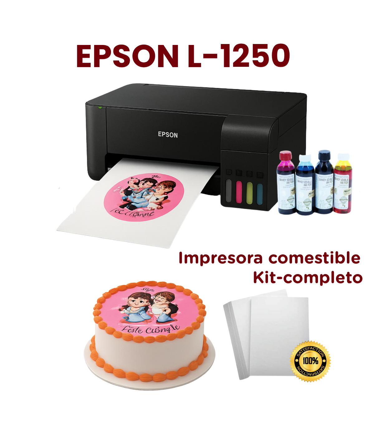 Kit Impresora Comestible L3210 EcoTank L1250 - Sistema Tinta Continua - Incluye Tintas y Papel Comestible - Garantía Incluida